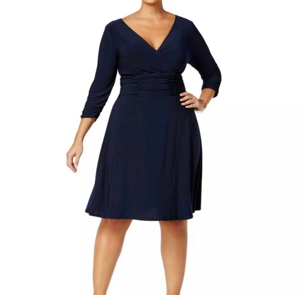 NY Collection 1X-Large Midi A-Line Dress 3/4 Sleeve Stretch Ruched Waist Navy